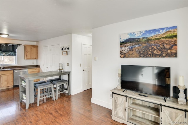 kitchen with sink, dark wood-type flooring, stainless steel dishwasher, and light brown cabinetry