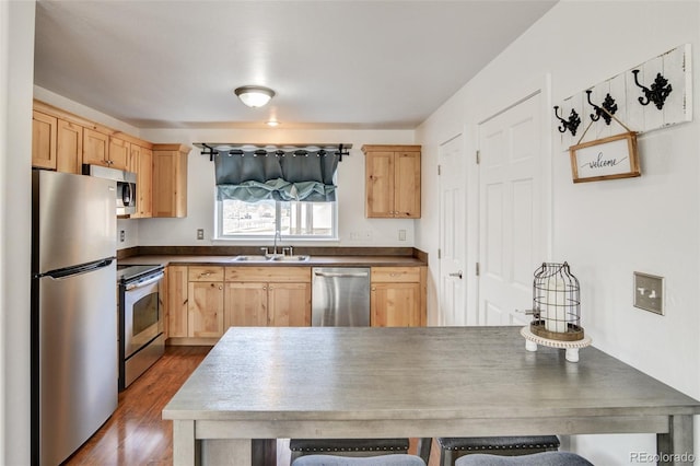 kitchen featuring light brown cabinetry, sink, dark wood-type flooring, and appliances with stainless steel finishes