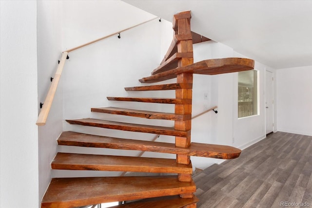 stairway with hardwood / wood-style flooring