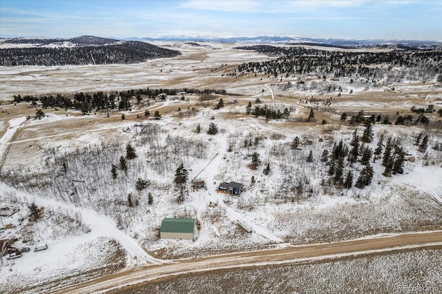 snowy aerial view featuring a mountain view