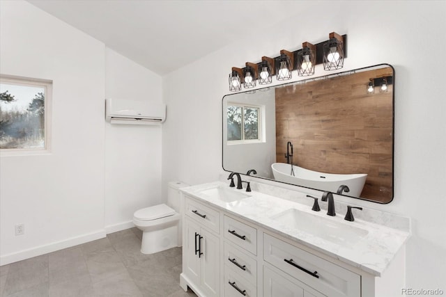 bathroom featuring a wall mounted air conditioner, a bathtub, vanity, vaulted ceiling, and toilet