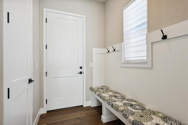 mudroom featuring dark wood finished floors and baseboards