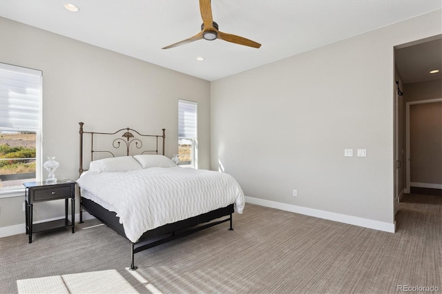 bedroom featuring ceiling fan, baseboards, carpet flooring, and recessed lighting