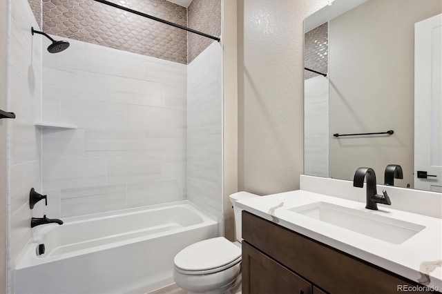 full bath with shower / bathtub combination, vanity, and toilet