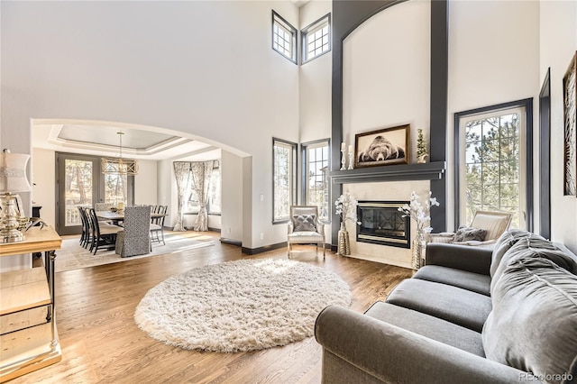 living area with arched walkways, a fireplace, a raised ceiling, and wood finished floors