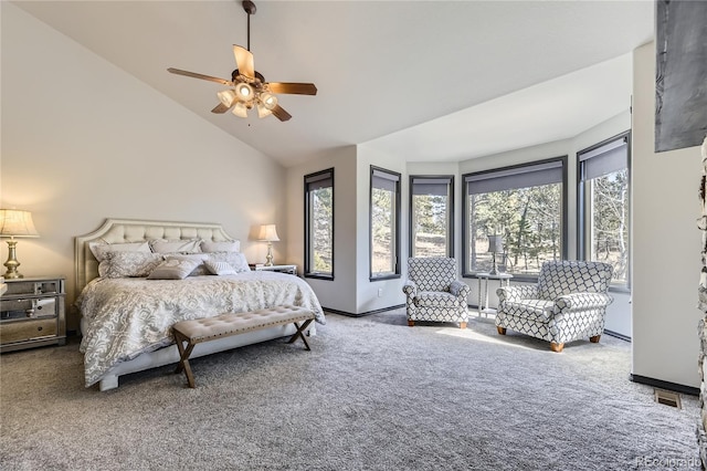 bedroom featuring visible vents, baseboards, ceiling fan, lofted ceiling, and carpet flooring