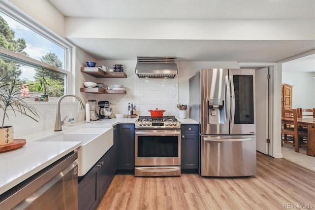 8445 Lamar Dr, Arvada, CO 80003 - kitchen featuring appliances with stainless steel finishes, wall chimney range hood, backsplash, and light wood-style floors