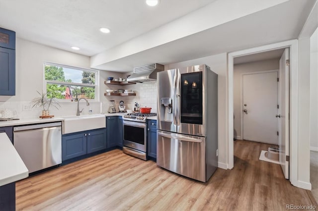 8445 Lamar Dr, Arvada, CO 80003 - kitchen with appliances with stainless steel finishes, blue cabinets, range hood, light wood-style floors, and backsplash