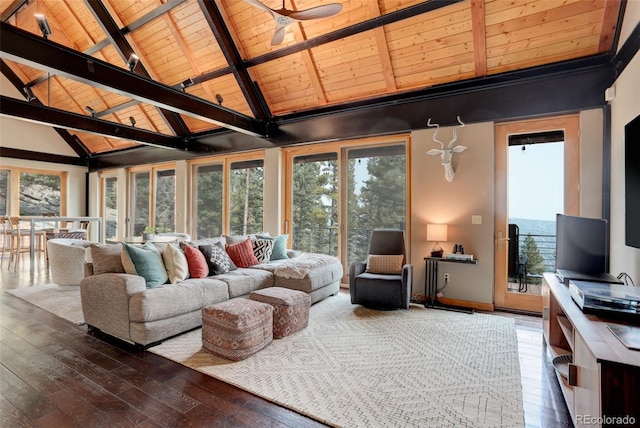 116 Ramona Rd, Golden, CO 80403 - living area with wooden ceiling, wood-type flooring, beam ceiling, high vaulted ceiling, and baseboards