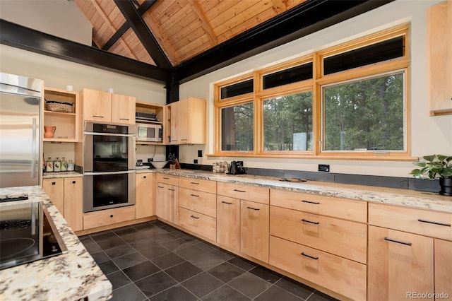 116 Ramona Rd, Golden, CO 80403 - kitchen featuring light brown cabinets, wood ceiling, appliances with stainless steel finishes, beamed ceiling, and dark tile patterned floors