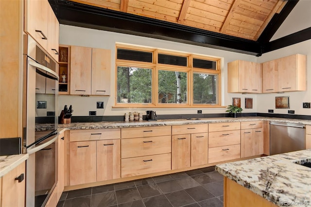 116 Ramona Rd, Golden, CO 80403 - kitchen featuring light brown cabinets, stainless steel appliances, wooden ceiling, light stone countertops, and dark tile patterned floors