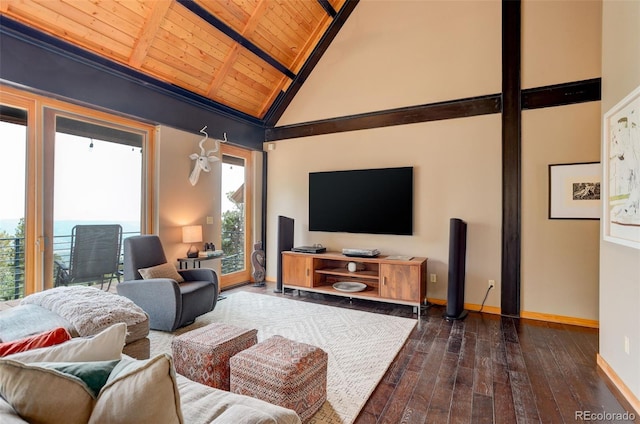 116 Ramona Rd, Golden, CO 80403 - living room featuring wood ceiling, dark wood-type flooring, baseboards, high vaulted ceiling, and beam ceiling