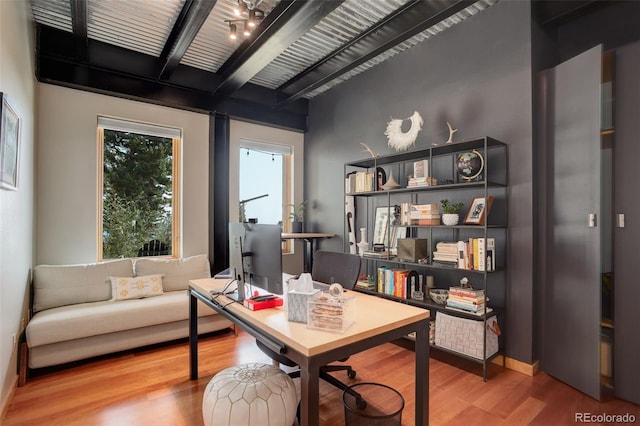 116 Ramona Rd, Golden, CO 80403 - home office featuring wood finished floors and beamed ceiling