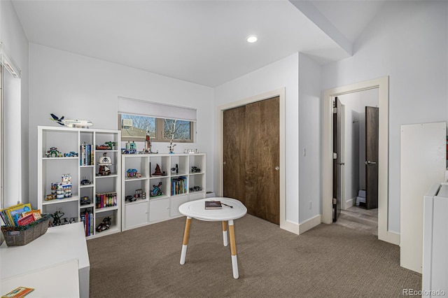 playroom featuring recessed lighting, baseboards, and carpet flooring