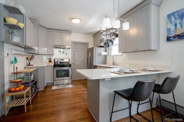 4312 Xavier St, Denver, CO 80212 - kitchen featuring appliances with stainless steel finishes, a peninsula, under cabinet range hood, a sink, and light countertops