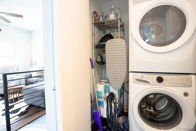 4312 Xavier St, Denver, CO 80212 - clothes washing area with stacked washer and clothes dryer and a ceiling fan
