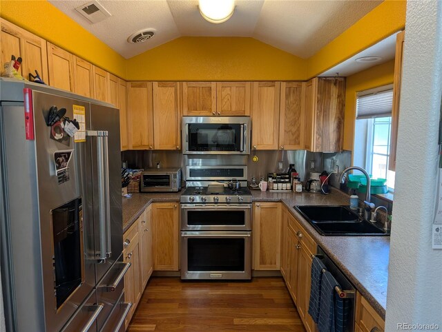 kitchen featuring appliances with stainless steel finishes, a sink, lofted ceiling, dark wood-type flooring, and dark countertops