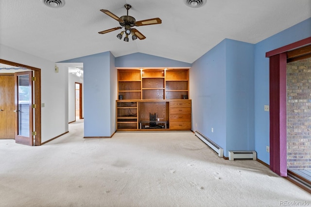 11686 W 74th Way, Arvada, CO 80005 - unfurnished living room featuring vaulted ceiling, ceiling fan, carpet floors, and a baseboard heating unit