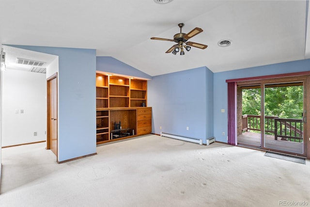 11686 W 74th Way, Arvada, CO 80005 - unfurnished living room featuring baseboard heating, carpet, lofted ceiling, and ceiling fan
