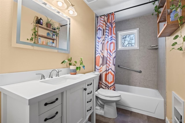 full bathroom featuring shower / tub combo, visible vents, vanity, and toilet