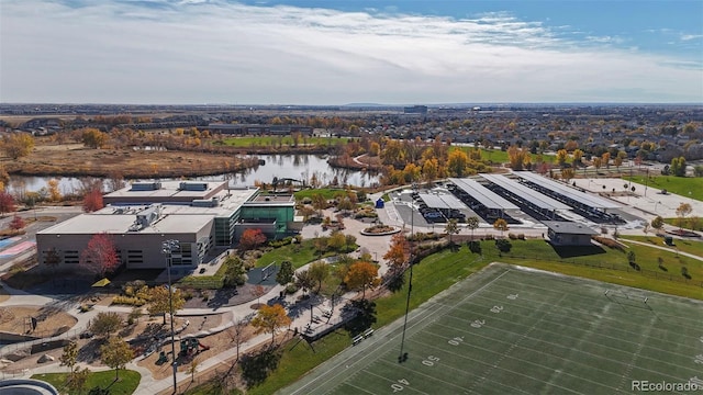 drone / aerial view featuring a water view