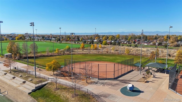 view of property's community with fence and a mountain view