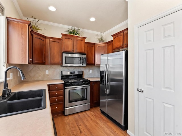 kitchen featuring a sink, light wood finished floors, appliances with stainless steel finishes, and light countertops