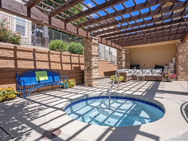 view of pool featuring an outdoor hangout area, a pergola, a community hot tub, and a patio area