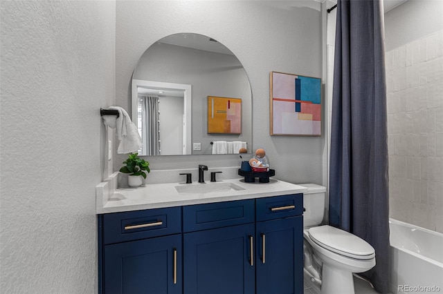 full bathroom with vanity, toilet, and shower / bathtub combination with curtain