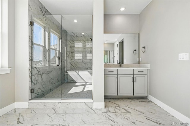 full bath with baseboards, recessed lighting, marble finish floor, and a marble finish shower