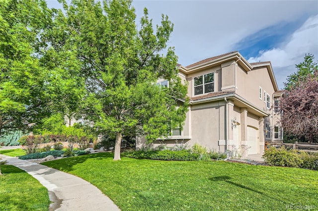 view of property exterior with a lawn and stucco siding