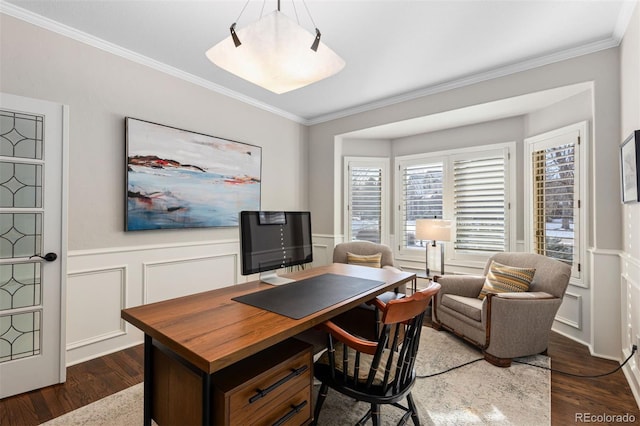 office space with crown molding and dark hardwood / wood-style flooring