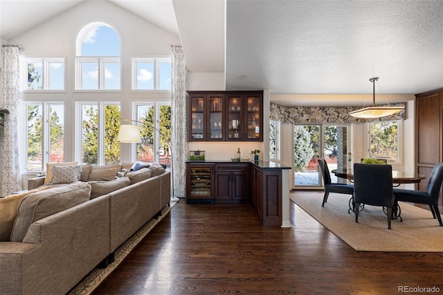 living room featuring wine cooler, bar, dark hardwood / wood-style floors, and a wealth of natural light