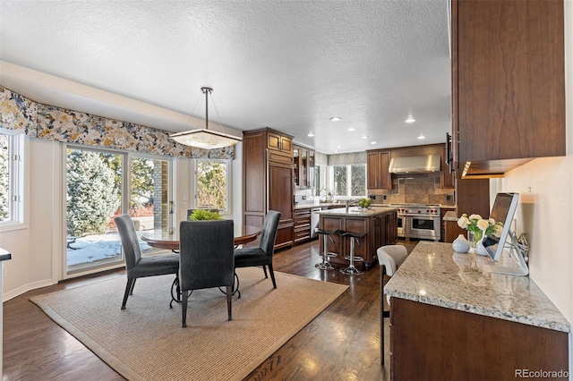 dining space featuring dark hardwood / wood-style floors, a textured ceiling, and a wealth of natural light