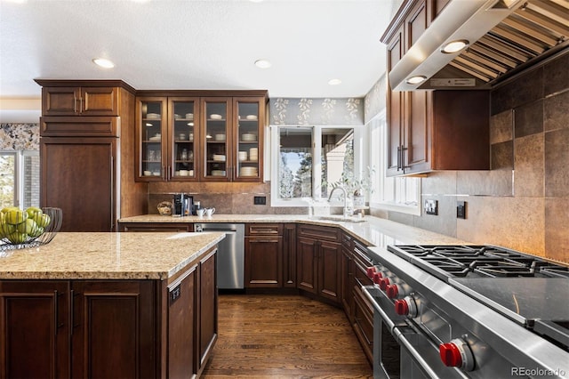 kitchen featuring sink, premium appliances, extractor fan, light stone countertops, and dark hardwood / wood-style flooring