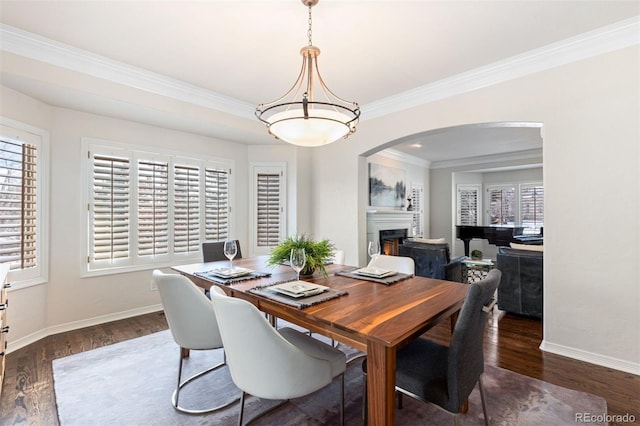 dining space featuring dark hardwood / wood-style flooring, plenty of natural light, and ornamental molding