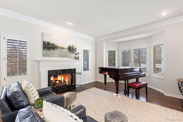 living room featuring ornamental molding and dark hardwood / wood-style flooring