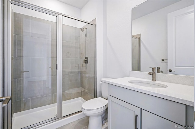9382 Quaker St, Arvada, CO 80007 - bathroom with toilet, vanity, a stall shower, and tile patterned floors