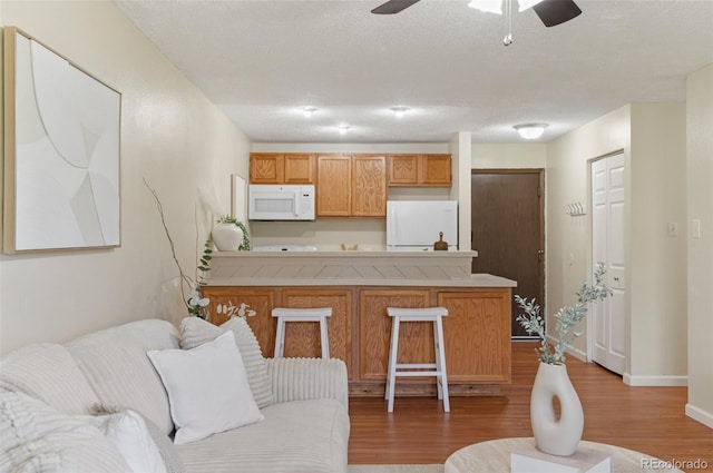 9650 Huron St Unit 12, Thornton, CO 80260 - living room featuring light wood finished floors, ceiling fan, and baseboards