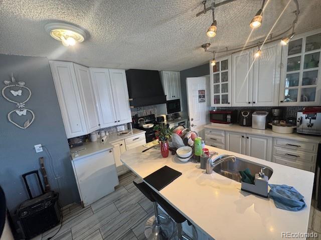 kitchen with glass insert cabinets, white cabinetry, light countertops, and a sink