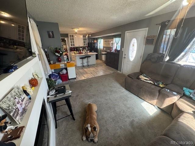 living room with light carpet, a textured ceiling, and light wood-type flooring