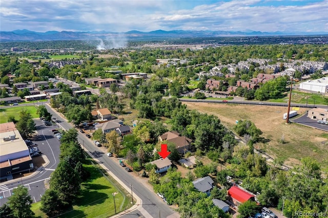 drone / aerial view featuring a mountain view