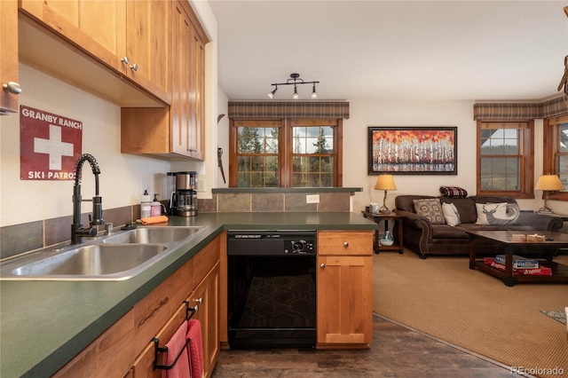 kitchen with a wealth of natural light, sink, dishwasher, and dark carpet