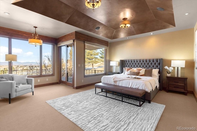 bedroom with a tray ceiling, access to exterior, and multiple windows