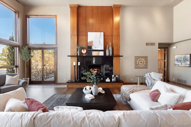 living room featuring a towering ceiling and dark hardwood / wood-style floors