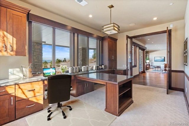 office area with recessed lighting, visible vents, and light carpet