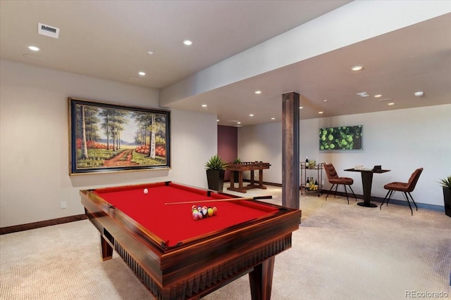 recreation room with recessed lighting, pool table, light colored carpet, visible vents, and baseboards