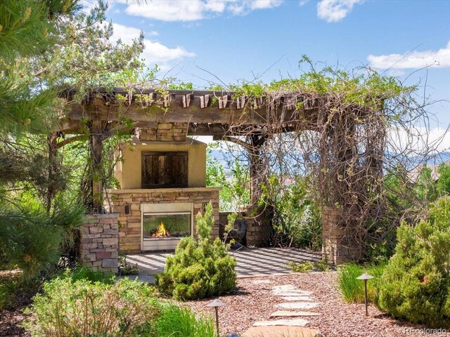 10370 Grande Vista Ct, Lone Tree, CO 80124 - view of yard featuring an outdoor stone fireplace and a patio
