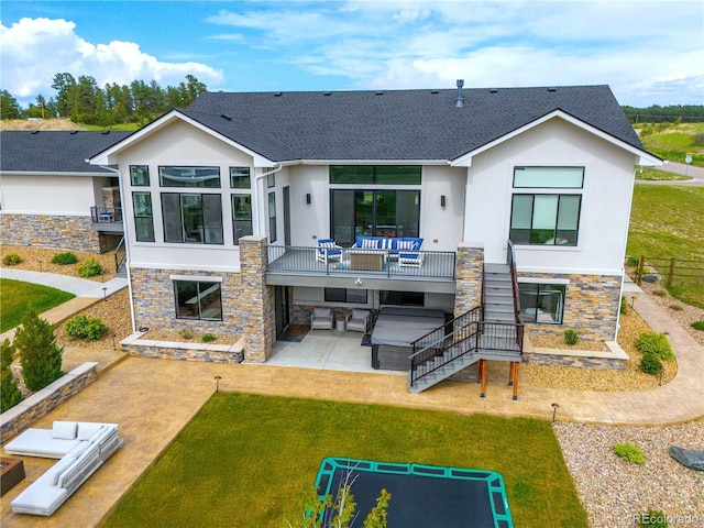 3125 Red Kit Rd, Franktown, CO 80116 - back of house featuring a patio, stairs, stucco siding, a shingled roof, and stone siding