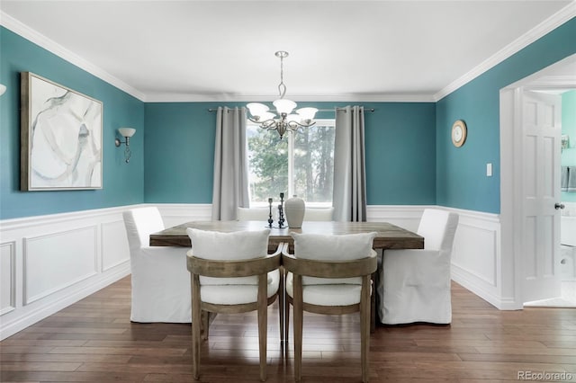 978 Mercury Cir, Lone Tree, CO 80124 - dining room with a chandelier, a wainscoted wall, a decorative wall, dark wood finished floors, and ornamental molding
